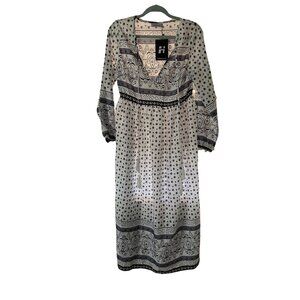 Hawalili Womens Boho Maxi Dress V-Neck Long Sleeve Black & White Printed